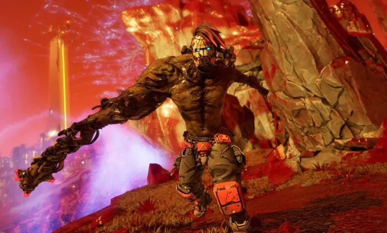 A monstrous character with a mutated arm runs through a fiery, alien landscape.