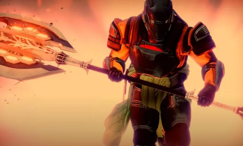 A heavily armored warrior holding a glowing, futuristic axe weapon.