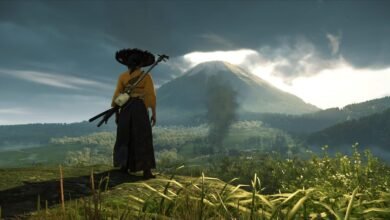 Samurai warrior with a shamisen and swords looks out over a misty valley towards a snow-capped mountain.