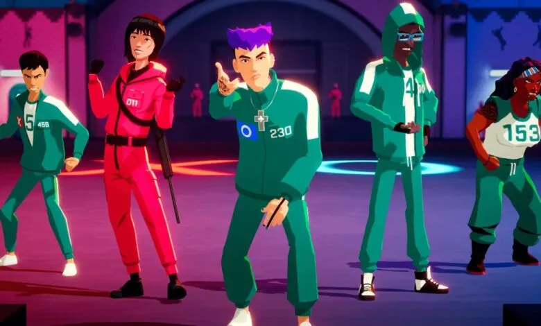Five animated characters in stylized tracksuits, inspired by Squid Game.