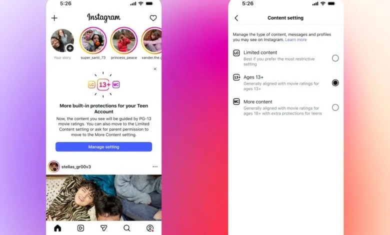 Instagram app screen showing content settings for teen accounts with age-based restrictions.