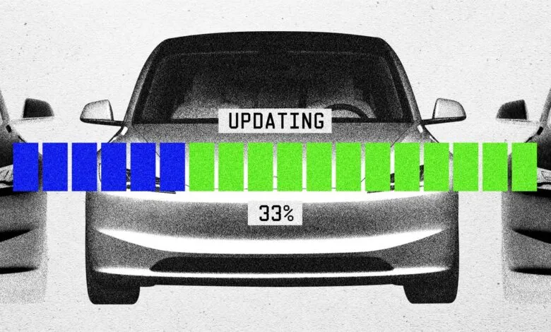 Front view of a car with a progress bar indicating an update is in progress.