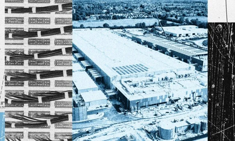 Collage of a large data center, server cables, and particle collision tracks.