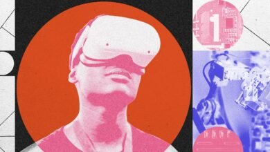 Person wearing a VR headset, with abstract tech graphics.