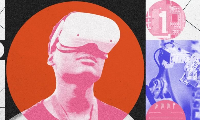 Person wearing a VR headset, with abstract tech graphics.