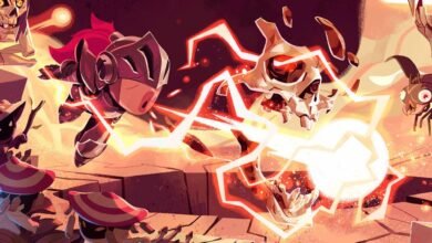 A knight battles a skull-like creature with glowing energy blasts.