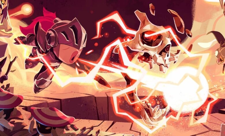 A knight battles a skull-like creature with glowing energy blasts.