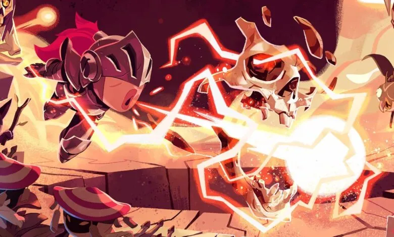 A knight battles a skull-like creature with glowing energy blasts.