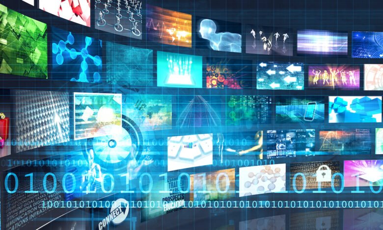 Collage of digital screens displaying data, graphics, and binary code.