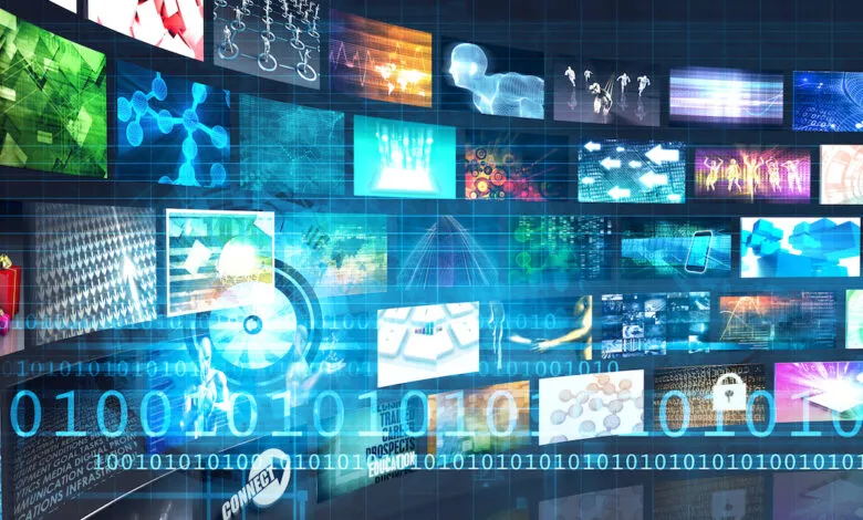 Collage of digital screens displaying data, graphics, and binary code.