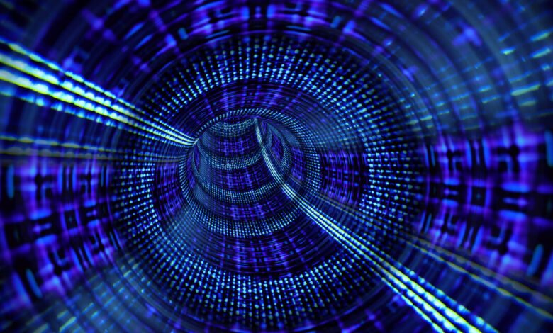 Abstract digital tunnel with glowing blue and purple lights, representing data flow.