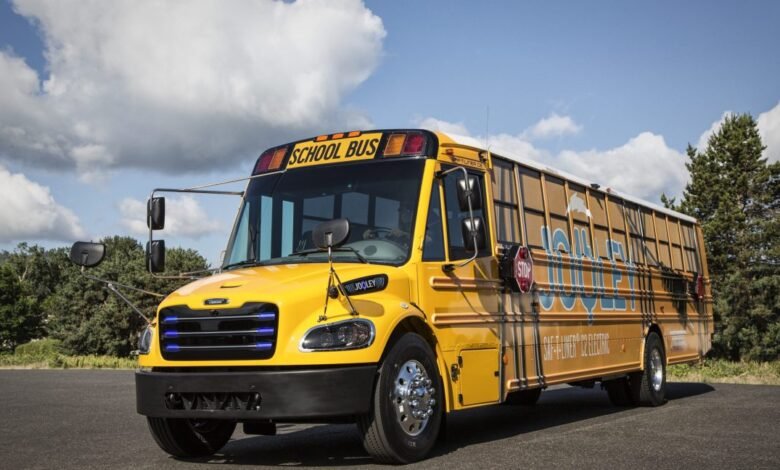 A bright yellow electric school bus with 'Jooly' branding parked outdoors.
