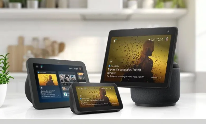 Three Amazon Echo Show smart displays in various sizes on a kitchen counter.