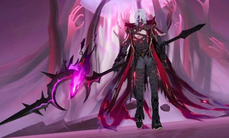 A dark fantasy character with white hair and a mask holds a spiked spear with a glowing purple crystal.