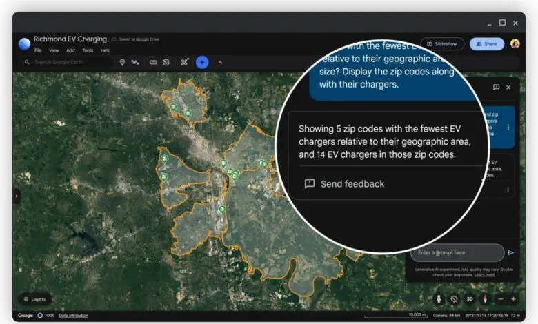 Screenshot of Google Earth showing Richmond EV charging station distribution by zip code.