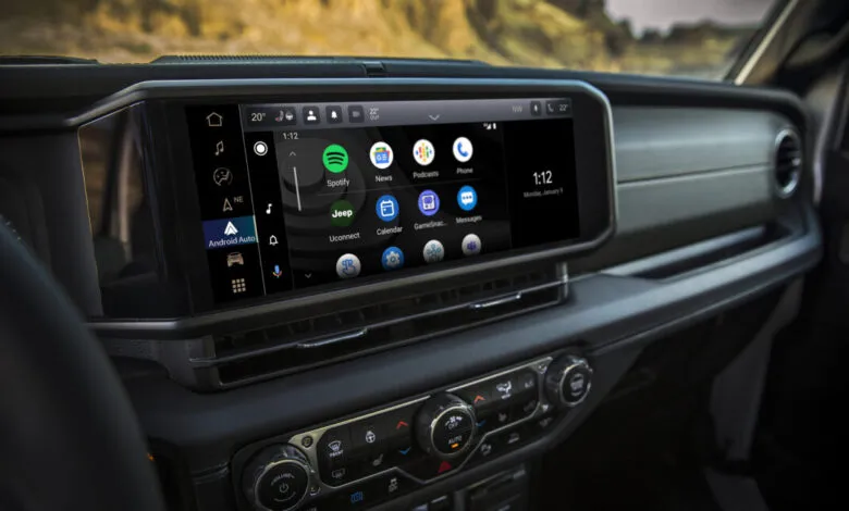 Close-up of a Jeep Wrangler's dashboard touchscreen displaying Android Auto interface.