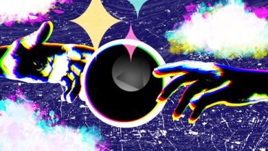 Two hands reaching towards each other with a glitch effect, against a starry background with colorful clouds.