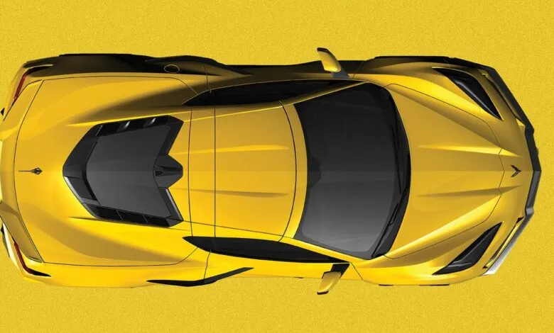 Overhead view of a bright yellow Chevrolet Corvette E-Ray with black accents.