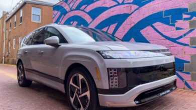 Silver Hyundai Ioniq 9 electric SUV parked in front of a brick wall with blue and pink abstract art.