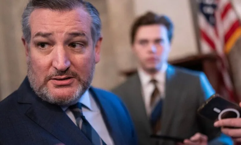 Senator Ted Cruz speaking to reporters, with an American flag in the background.