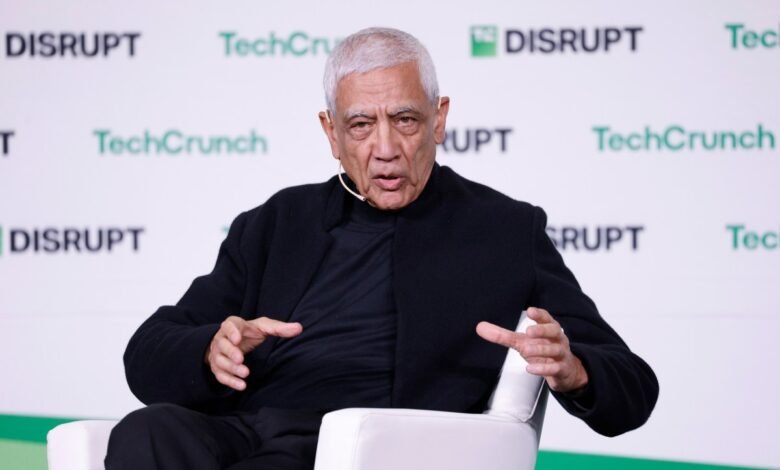 Vinod Khosla speaks on stage at TechCrunch Disrupt event.