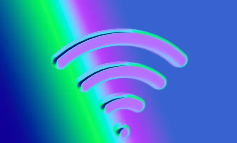 Abstract Wi-Fi signal icon with purple arcs on a vibrant blue and green gradient background.