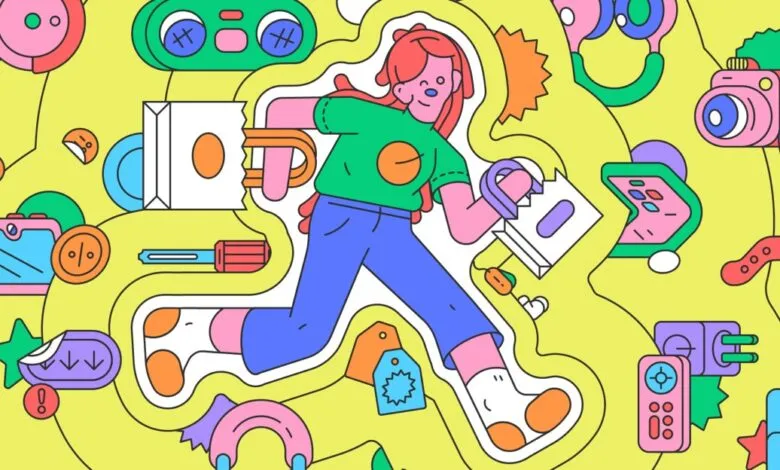 Stylized illustration of a person running with shopping bags amidst various gadgets and sale tags.