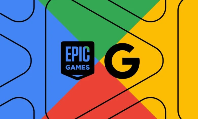 Epic Games and Google logos displayed on a colorful geometric background.