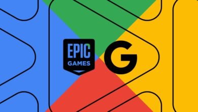 Epic Games and Google logos displayed on a colorful geometric background.