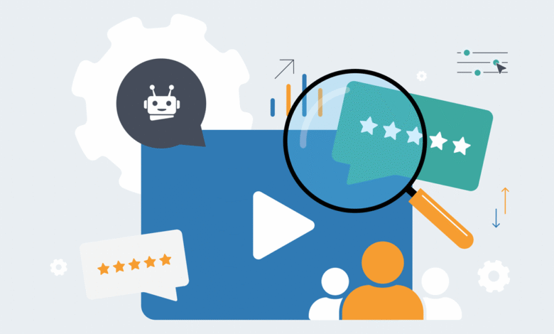 Illustration of a video player with a magnifying glass analyzing customer feedback and a robot icon.