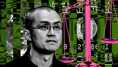 Portrait of Changpeng Zhao with a glitch art overlay of US currency and a pink scale of justice.