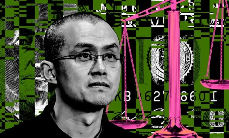 Portrait of Changpeng Zhao with a glitch art overlay of US currency and a pink scale of justice.