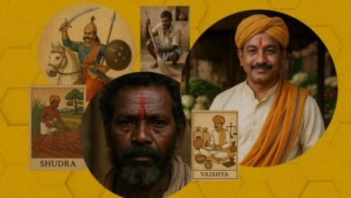 Collage of Indian historical figures and modern portraits representing social classes.