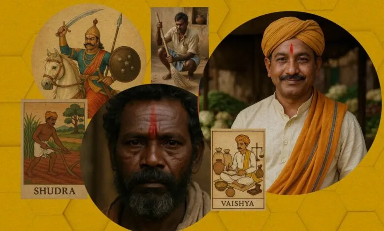 Collage of Indian historical figures and modern portraits representing social classes.