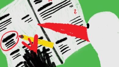 Illustration of a stork reviewing a document with a pencil and red circle.