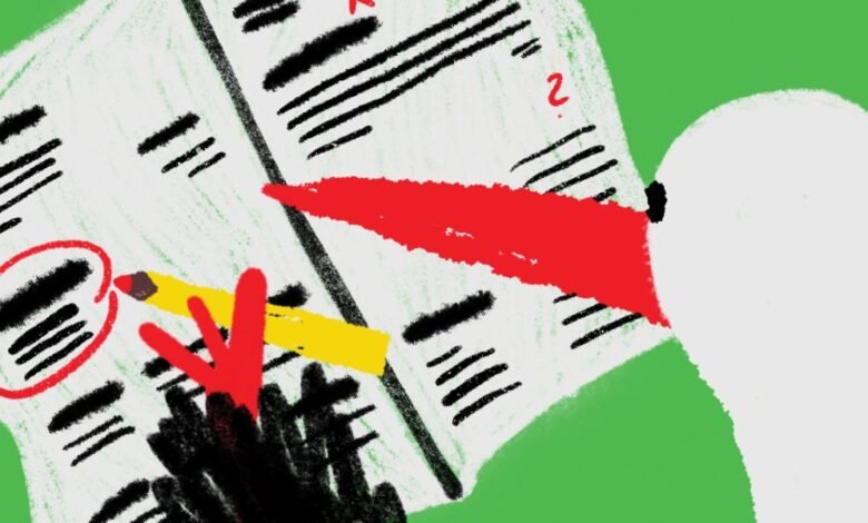 Illustration of a stork reviewing a document with a pencil and red circle.