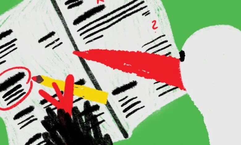 Illustration of a stork reviewing a document with a pencil and red circle.