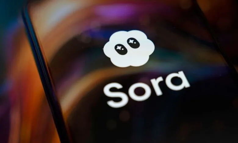 Close-up of a smartphone screen displaying the Sora logo and text.