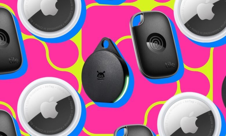 Collage of various Bluetooth tracking devices including Apple AirTags and Tile trackers.