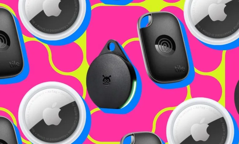 Collage of various Bluetooth tracking devices including Apple AirTags and Tile trackers.