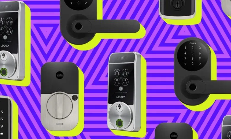 Collage of various smart door locks with digital keypads and keyholes.