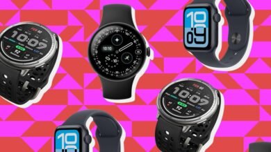 Collage of smartwatches displaying fitness data on a vibrant pink and red geometric background.