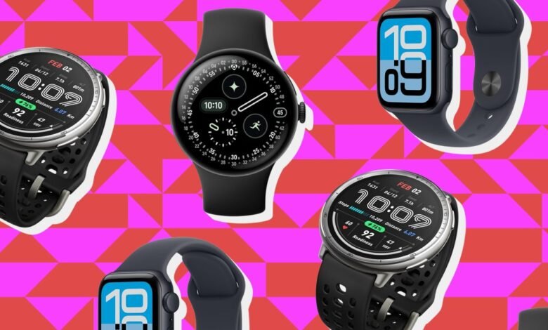 Collage of smartwatches displaying fitness data on a vibrant pink and red geometric background.
