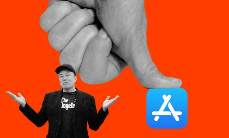 Elon Musk gestures with confusion next to the Apple App Store logo being crushed by a giant hand.