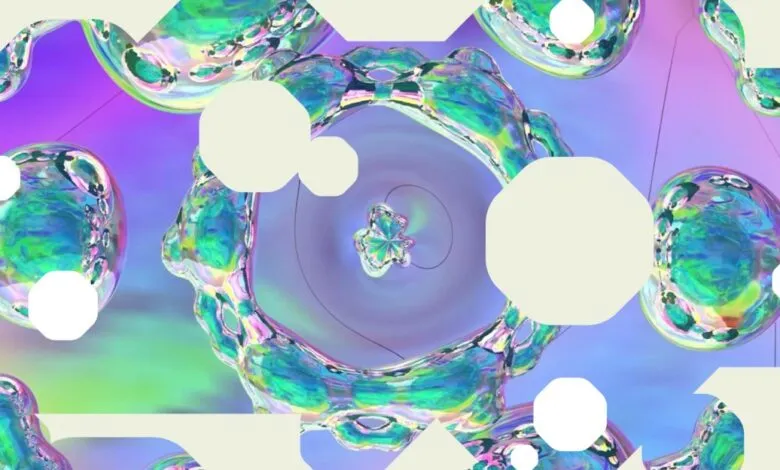 Abstract iridescent liquid shapes and geometric forms on a purple gradient background.