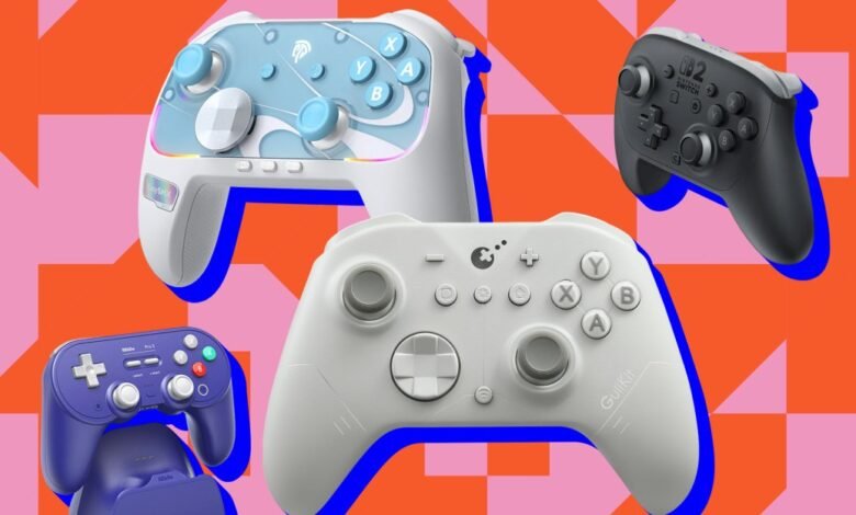 A collection of four Nintendo Switch controllers in various colors and styles.
