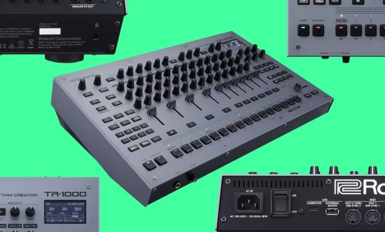 Close-up of a Roland TR-1000 drum machine with multiple knobs, sliders, and buttons.