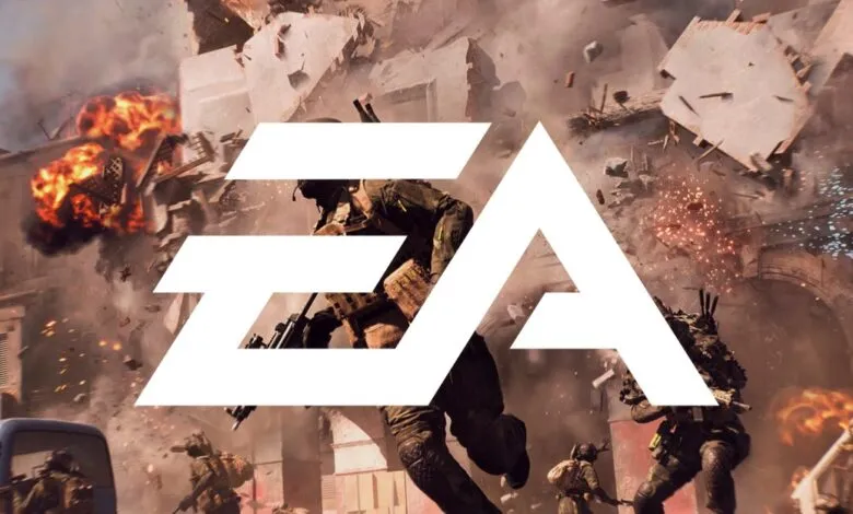 EA logo superimposed over soldiers in a chaotic, explosive battlefield scene.