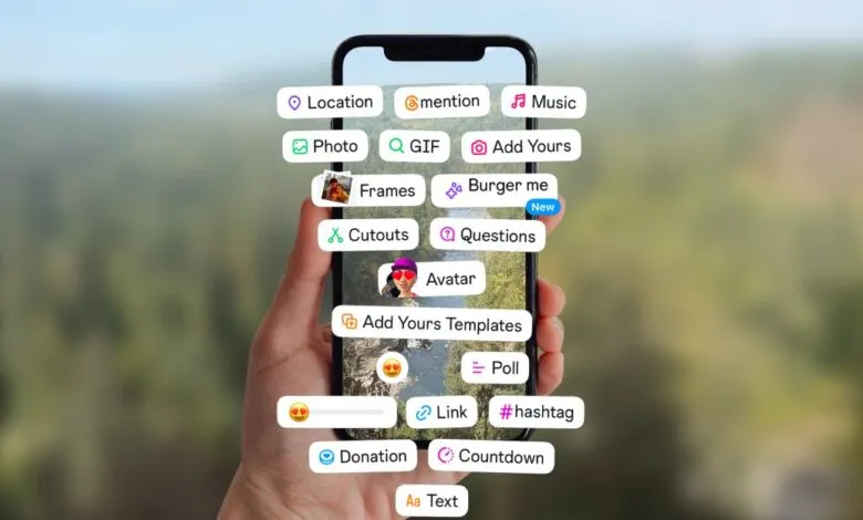 Hand holding a smartphone displaying Instagram story editing tools over a scenic landscape.