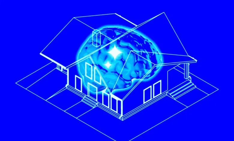 Blueprint of a house with a glowing blue brain inside, symbolizing smart home technology.